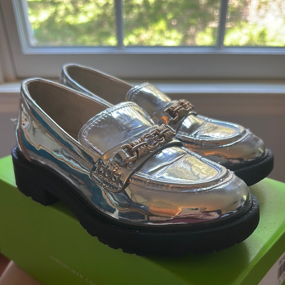 Sam Edelman Shiny Silver Loafers with Black Sole